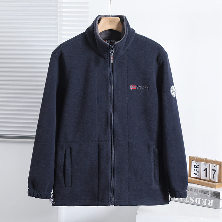 Men's fleece jacket with stand-up collar, full-length zipper, two side pockets, and elastic cuffs.