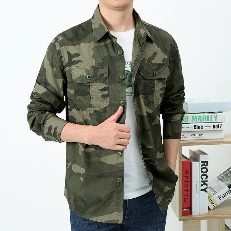 Men's military-inspired overshirt made of cotton blend with camouflage pattern, flap chest pockets, and regular fit Mune Fashion