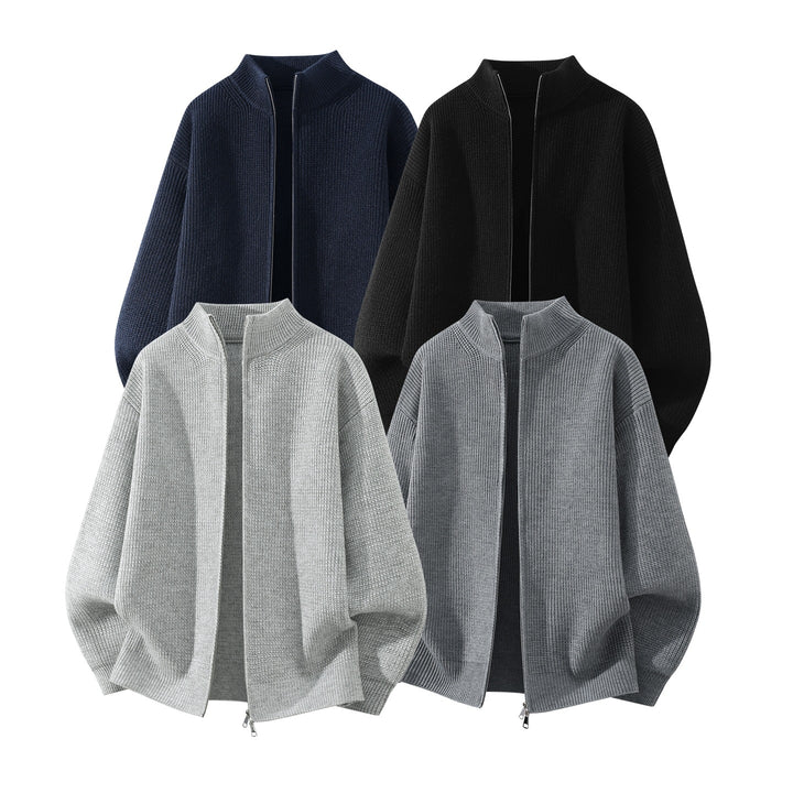 Men's Oversize Chunky Knit Zip Cardigan with Stand-Up Collar and Two-Way Zipper Mune Fashion