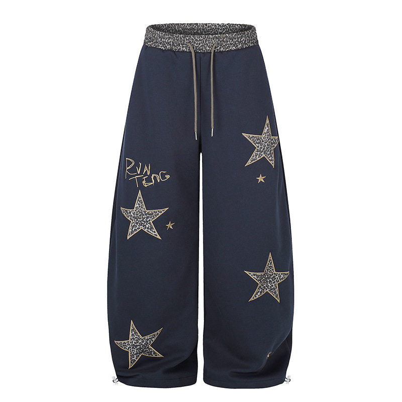 Women's Extra Wide Palazzo Sweatpants with Leo Waist, Star Appliqués and Drawstring Mune Fashion