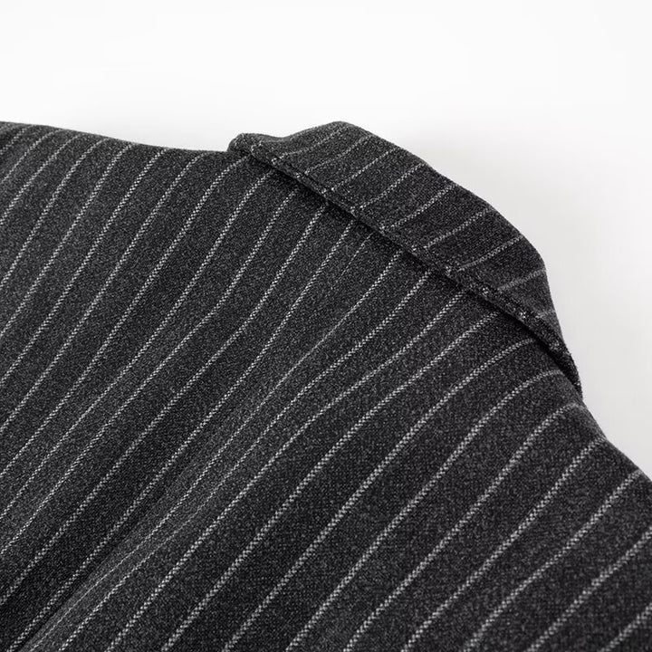 Women Longline Wool Blend Coat with Pinstripes, Tailored Lapel and Flap Pockets Mune Fashion