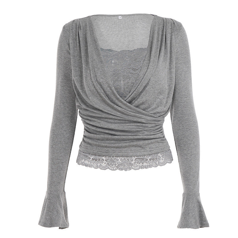 Women's wrap top with deep V-neck, gathering and lace trim Mune Fashion