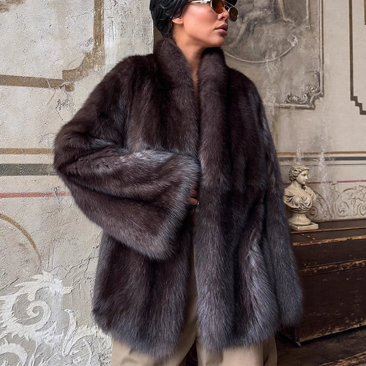 Women Short Fur Coat in Boxy Cut with Voluminous Shawl Collar Mune Fashion