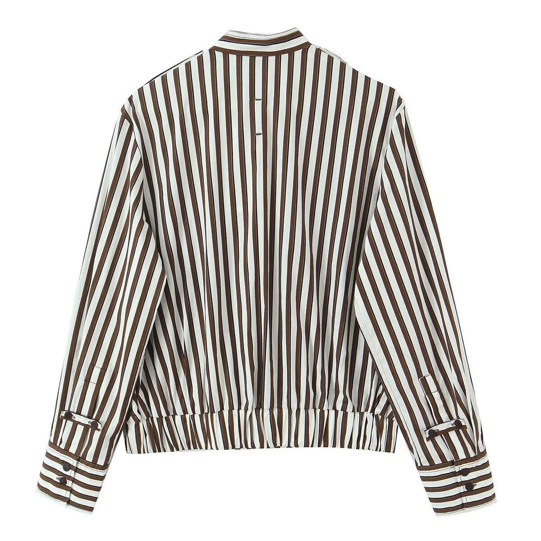 Women's Striped Blouson Shirt Blouse with Stand Collar, Shoulder Epaulettes, and Elastic Hem Mune Fashion