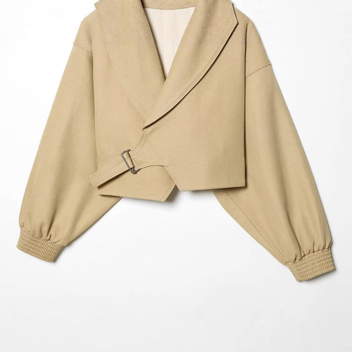 Women Cropped Trench Coat with Wide Shawl Collar, Tie Belt and Balloon Sleeves Mune Fashion