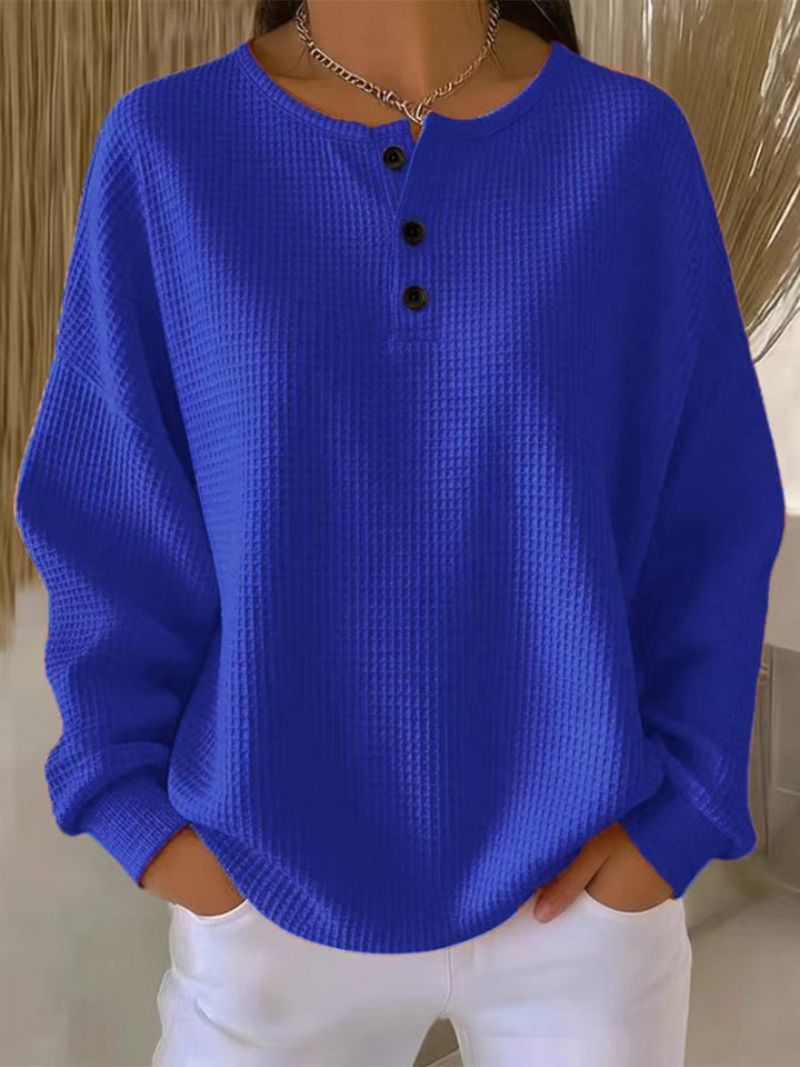 Women's Oversized Waffle Knit Henley Sweater with Button Placket and Rounded Hem Mune Fashion