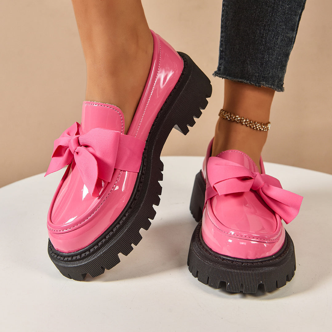 Women's Shiny Platform Loafers with Oversized Decorative Bow and Chunky Profile Sole Mune Fashion