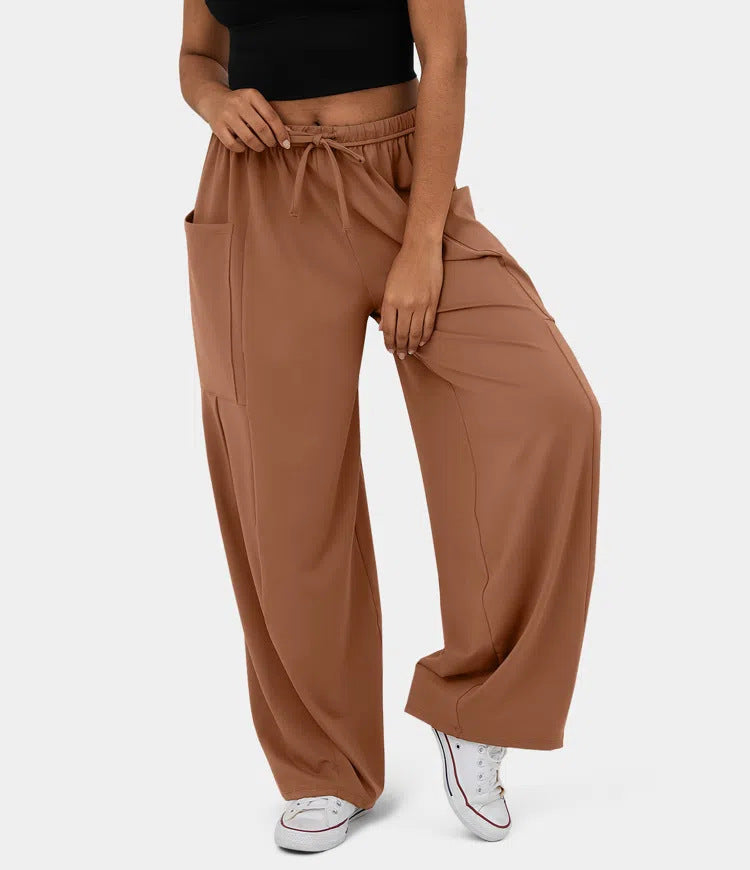 Women's Wide Relaxed Pants with High Elastic Waistband, Drawstring and Large Cargo Pockets Mune Fashion
