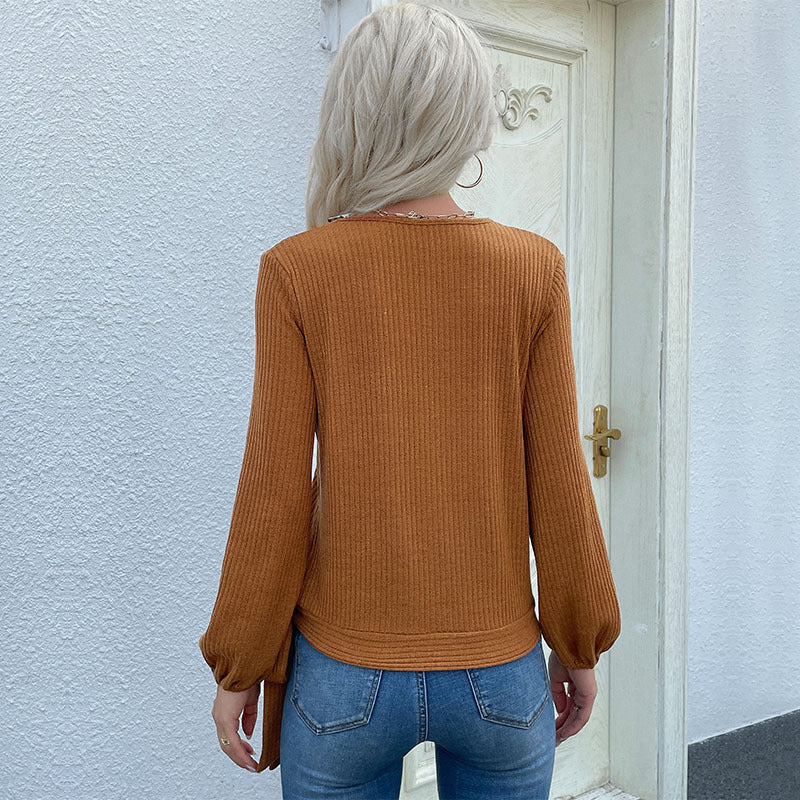 Women's Ribbed Wrap Cardigan with V-Neck and Side Knot Detail Mune Fashion