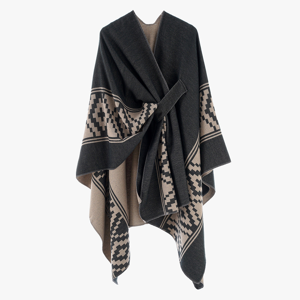 Women's Jacquard Ruana with TIE BELT and geometric pattern Mune Fashion