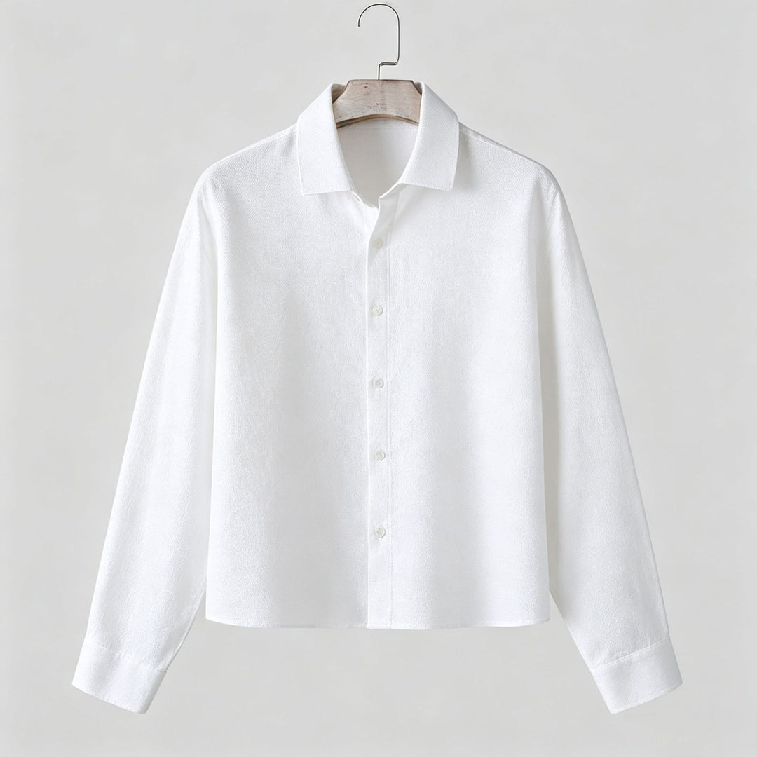 Men's Long Sleeve Textured Linen-Cotton Shirt with Classic Kent Collar Mune Fashion