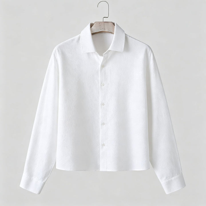 Men's Long Sleeve Textured Linen-Cotton Shirt with Classic Kent Collar Mune Fashion
