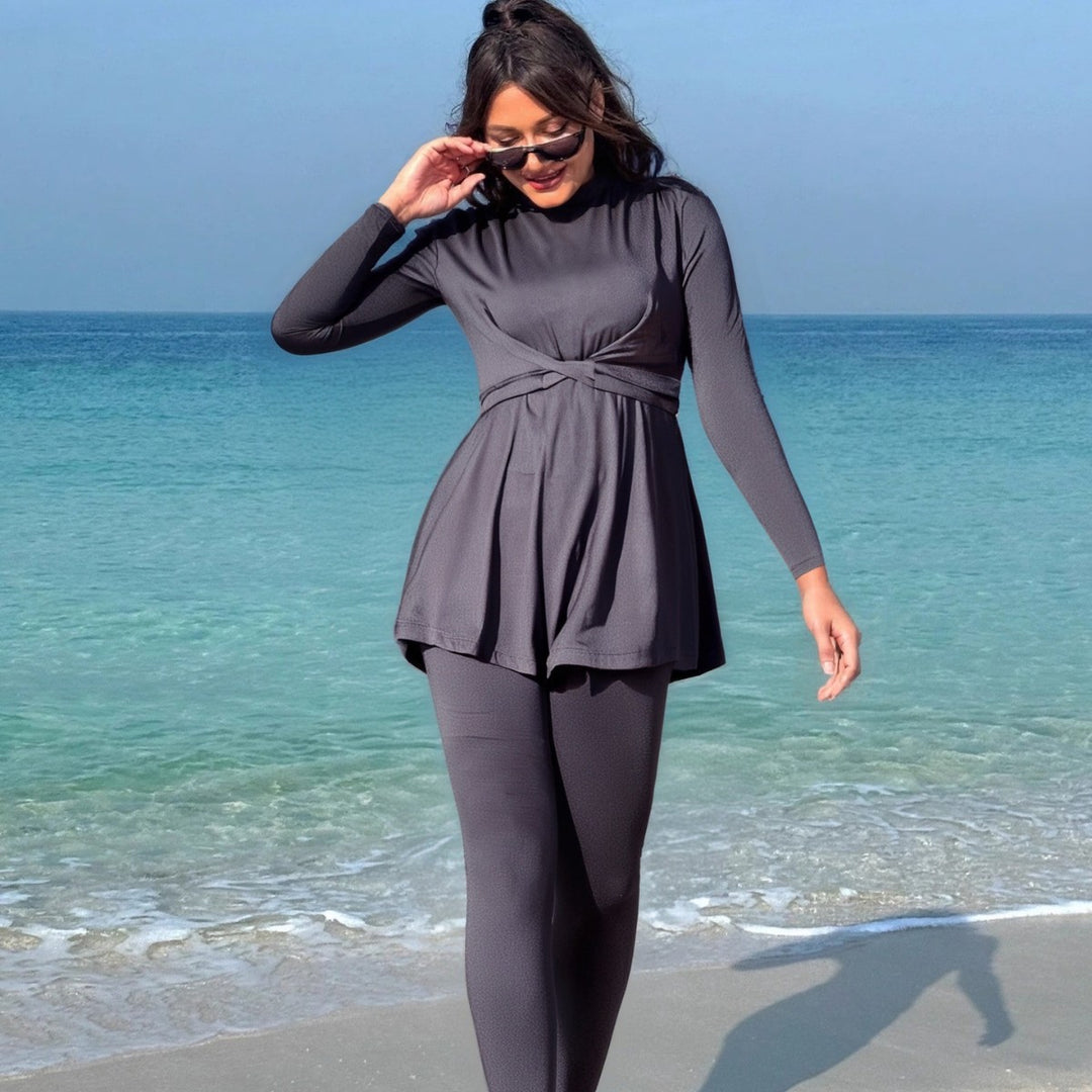 Ladies fashionable long sleeve swimsuit with wrap skirt Mune Fashion