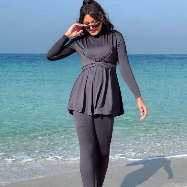 Ladies fashionable long sleeve swimsuit with wrap skirt Mune Fashion