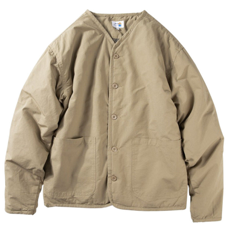 Men's light quilted collarless transitional jacket with button placket and patch pockets Mune Fashion