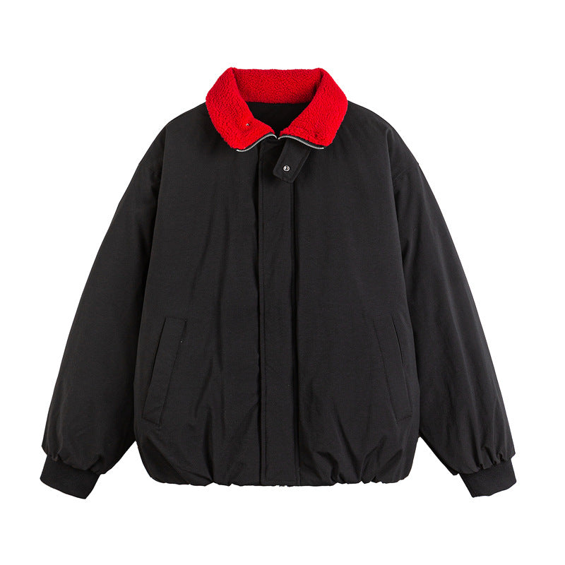 Unisex Short Cut Boxy Bomber Jacket with Teddy Turn-Down Collar and Concealed Front Mune Fashion