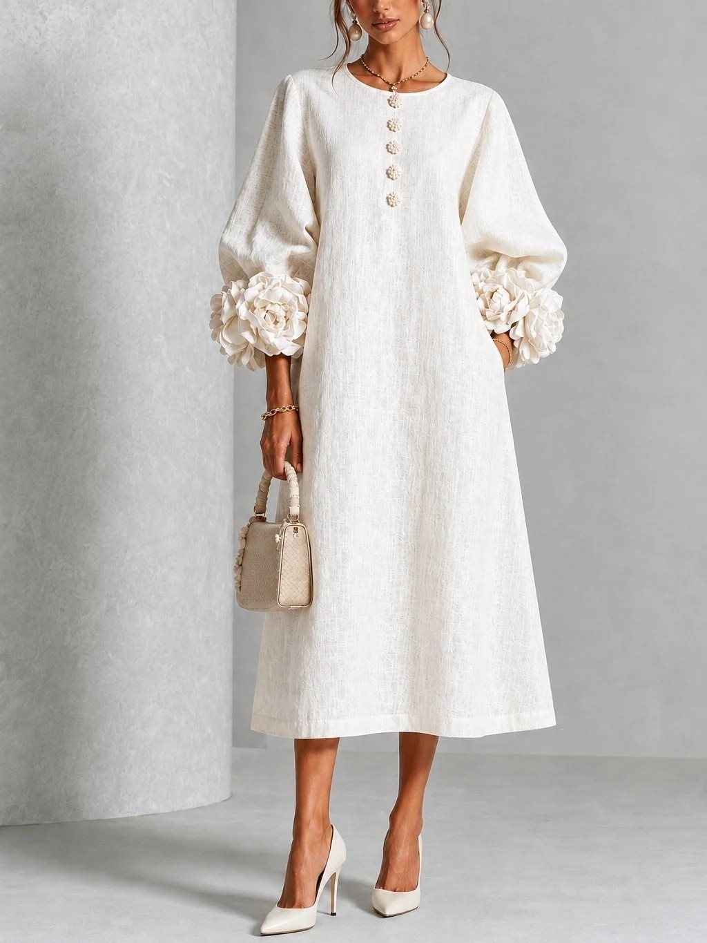 Women's midi dress made of linen with balloon sleeves and 3D flower cuffs Mune Fashion