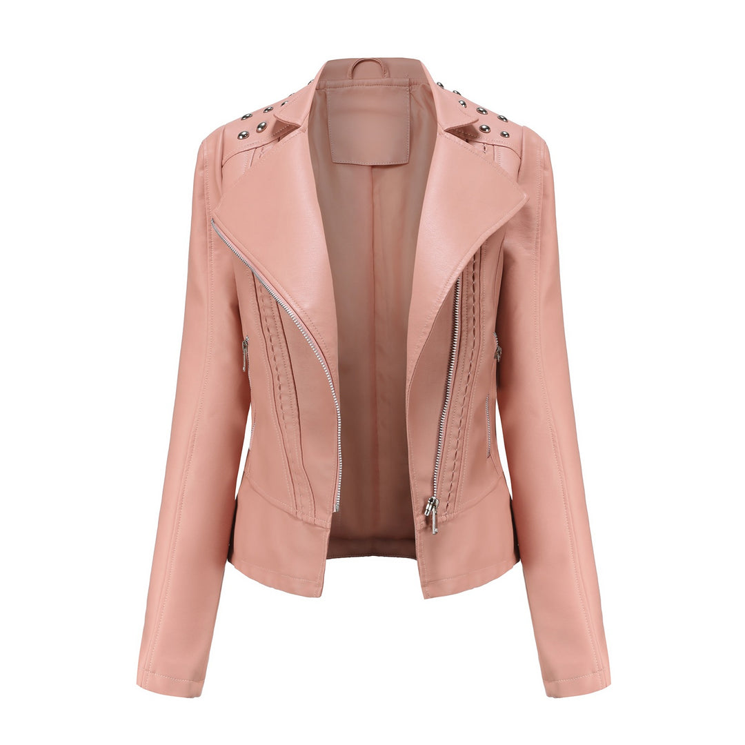 Women's cropped biker jacket made of faux leather with studs and asymmetrical zipper Mune Fashion