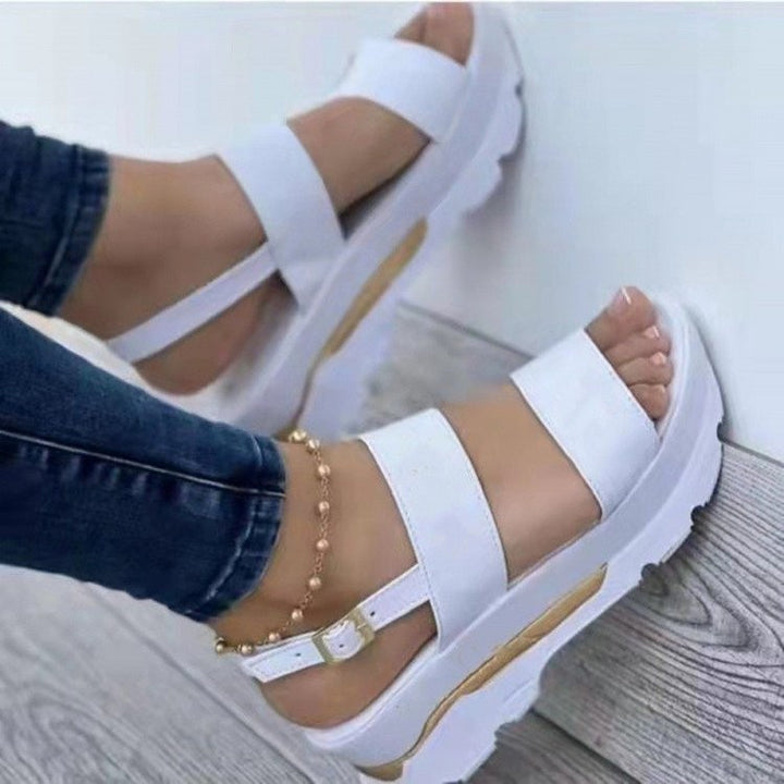 Ladies platform sandals with thick tread sole, two wide straps and adjustable heel strap Mune Fashion