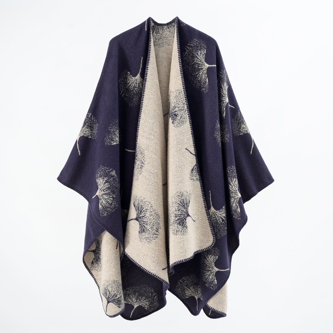 Women's Reversible Wool-Mix Poncho with Dandelion Jacquard and Fine Overlock Edge