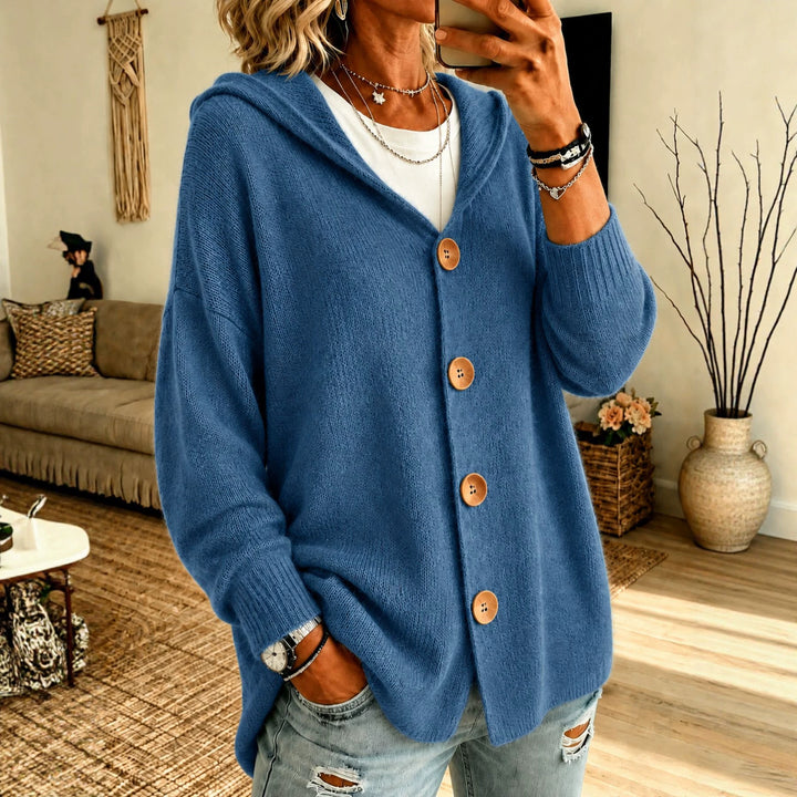 Women’s Oversize Hooded Cardigan with Wooden Buttons and Ribbed Cuffs Mune Fashion