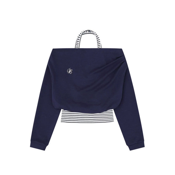 Women's Cropped Layered Hoodie with Integrated Striped Under-Shirt, Hood and Casual Raglan Cut