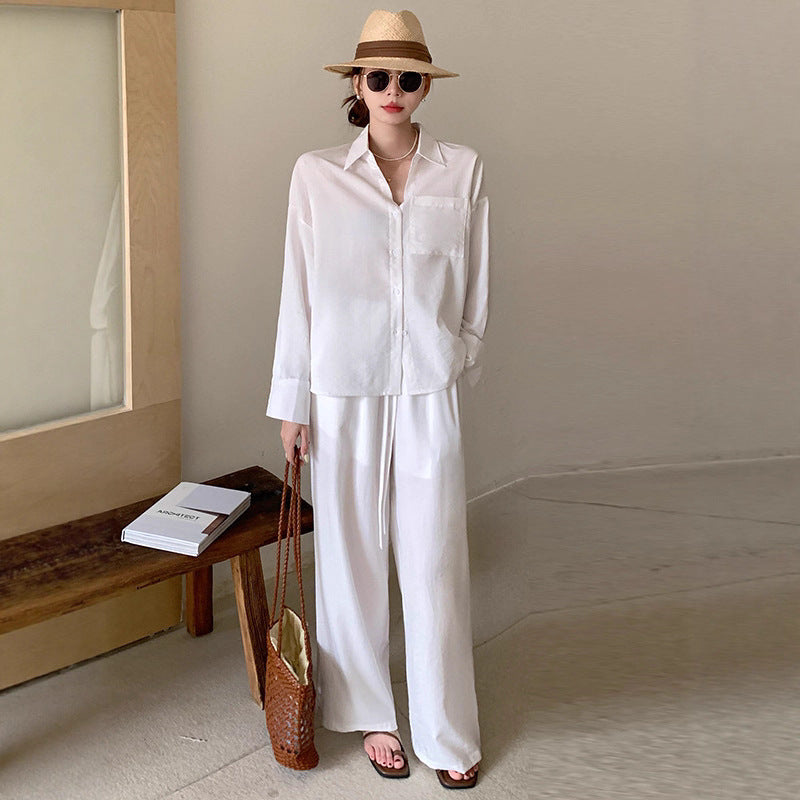 Women's Two-Piece Lightweight Loungewear Set with Oversized Shirt and Loose Drawstring Pants Mune Fashion