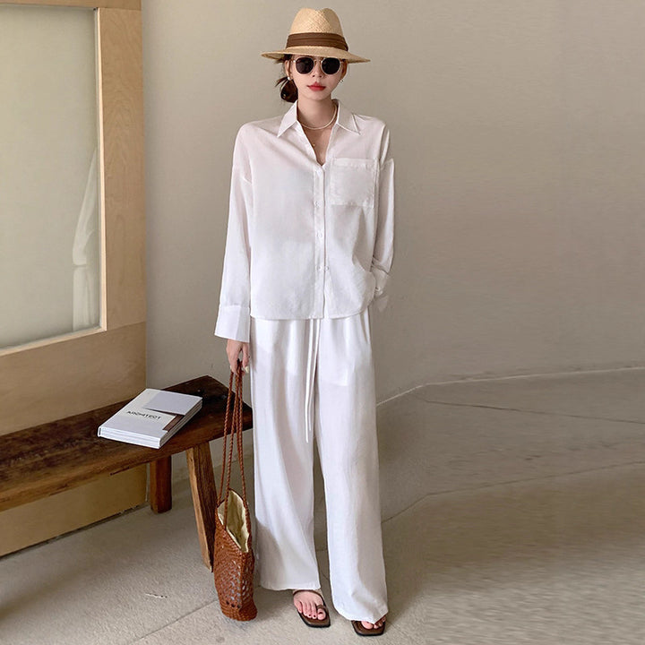 Women's Two-Piece Lightweight Loungewear Set with Oversized Shirt and Loose Drawstring Pants Mune Fashion