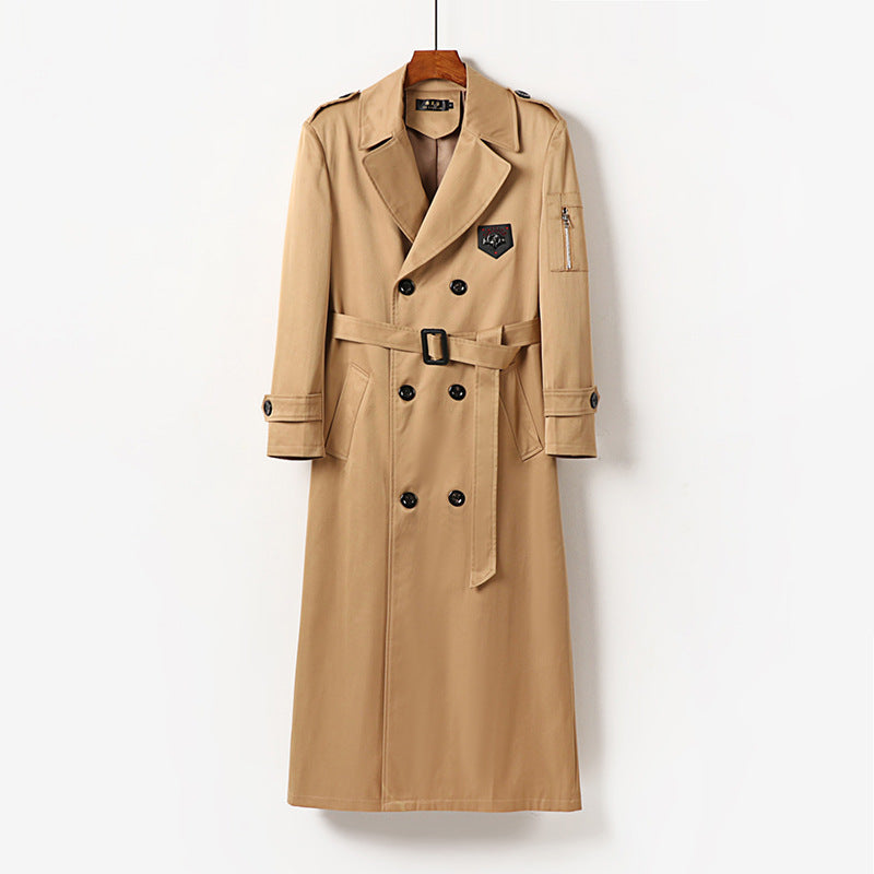 Men's Long Double-Breasted Trench Coat with Belt, Epaulettes and Zipper Sleeve Pocket Mune Fashion
