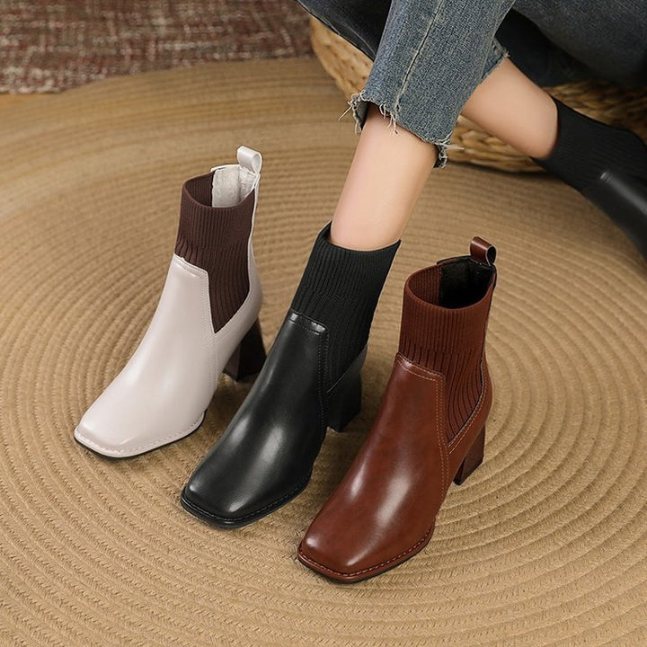 Women Elegant Chunky Ankle Boots with Knit Insert Mune Fashion