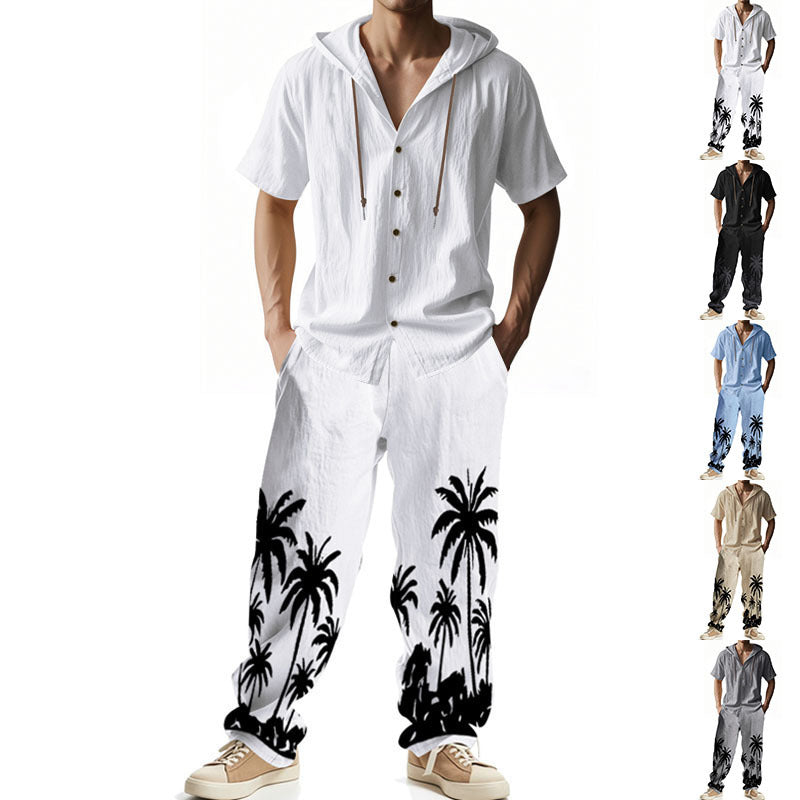Men's casual summer ensemble with hoodie and wide palm motif pants Mune Fashion