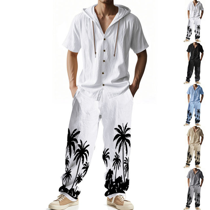 Men's casual summer ensemble with hoodie and wide palm motif pants Mune Fashion