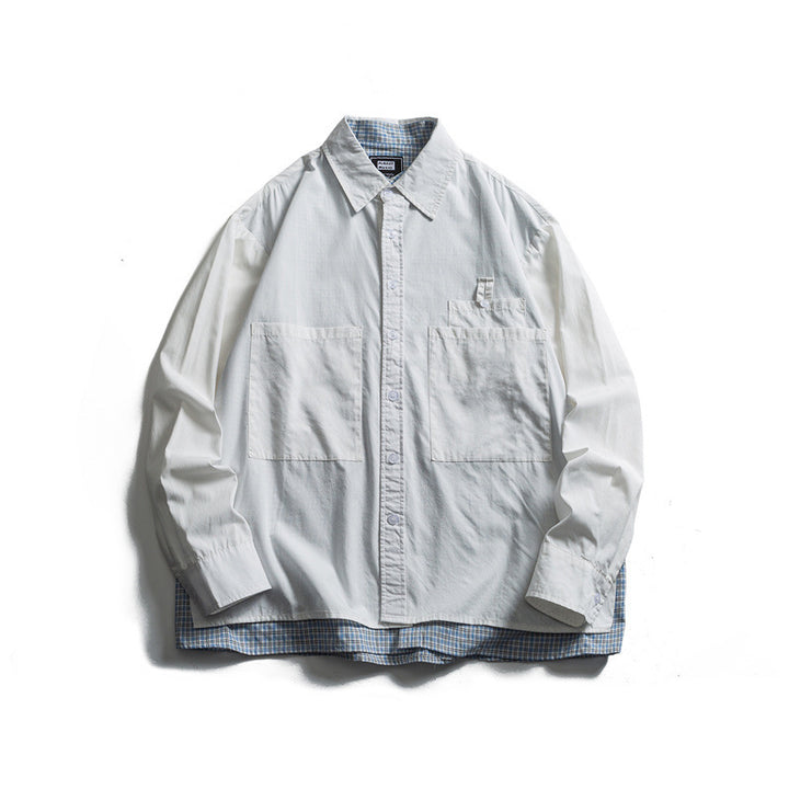 Men's layered look overshirt with patch front pockets, loose fit and checked underlay Mune Fashion