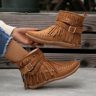 Ladies' ankle-high fringe boots in suede look with decorative buckle, decorative studs, and padded comfort insole Mune Fashion