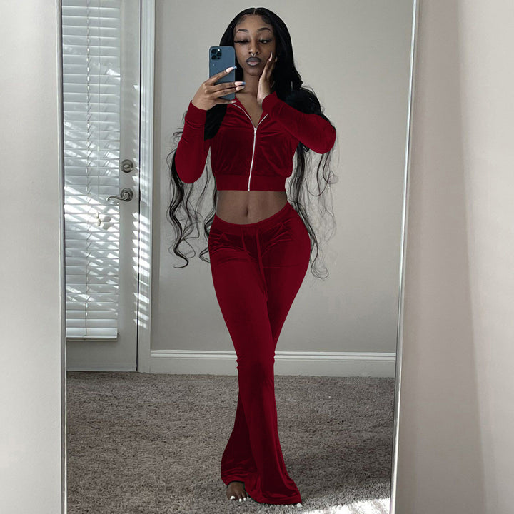 Women's Two-Piece Velvet Lounge Set with Cropped Zipper Hoodie and Flared Palazzo Pants EB