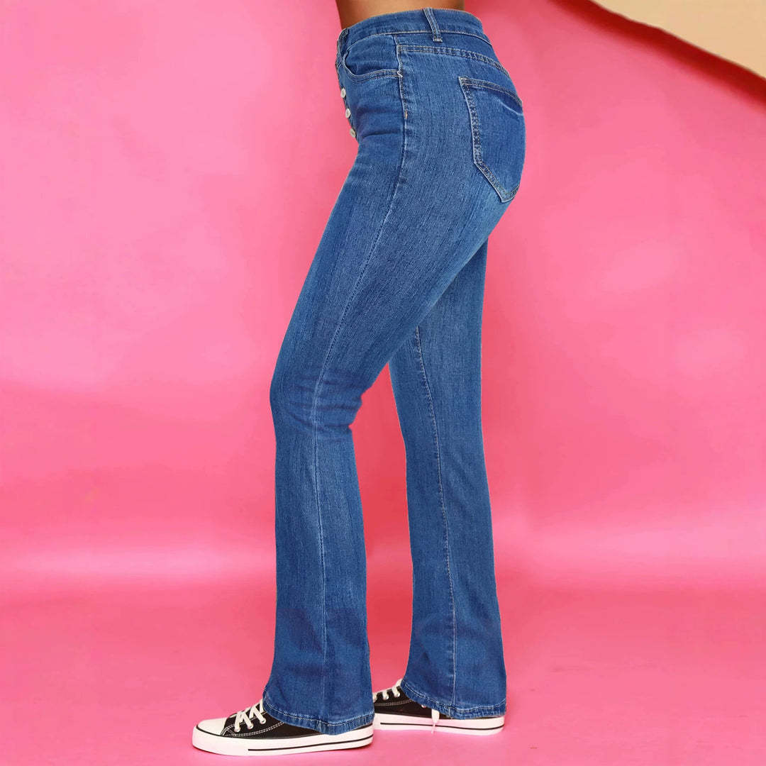 Women High-waisted Stretch Flared Jeans with visible button placket and sculpting fit Mune Fashion