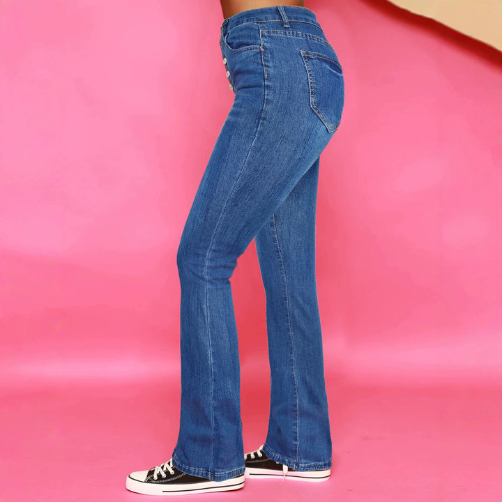 Women High-waisted Stretch Flared Jeans with visible button placket and sculpting fit Mune Fashion