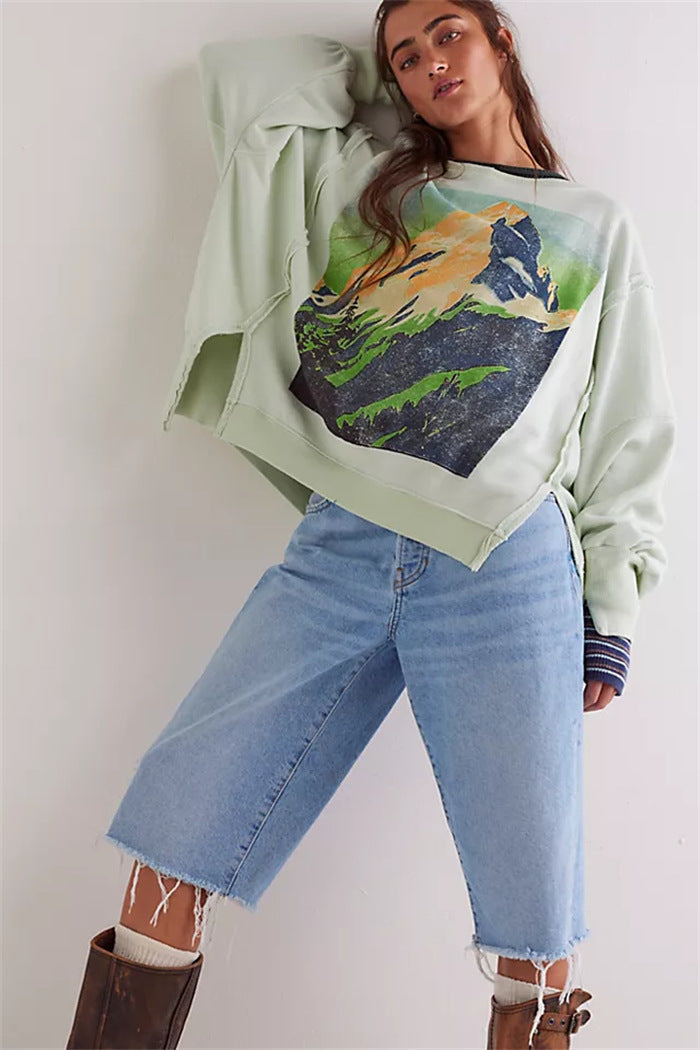 Women oversized sweatshirt with beet print, fringed seam accents and thumbhole sleeves Mune Fashion