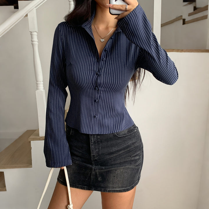 Women tailored pinstripe blouse with shirt collar and figure-shaping button placket Mune Fashion