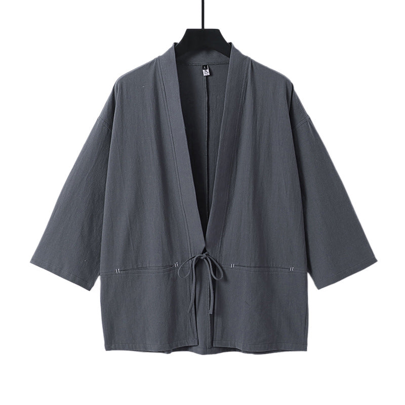 Women's Relaxed Kimono Cardigan made of Cotton Blend with Drawstring and Hip Pockets Mune Fashion