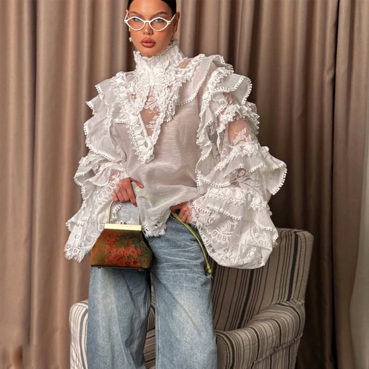 Women's Transparent Lace Blouse with Ruffle Sleeves and High Stand Collar Mune Fashion