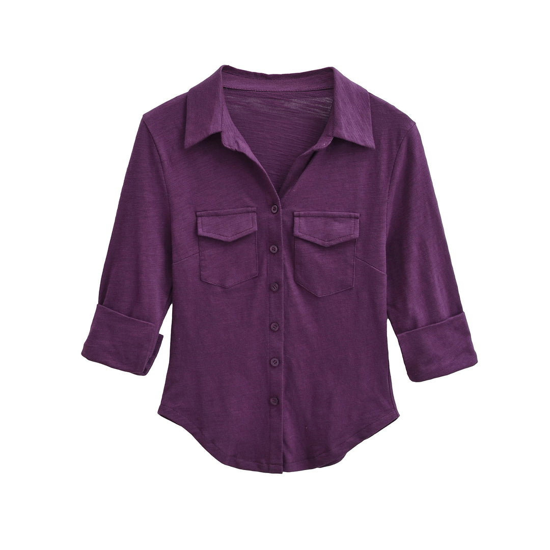 Women’s blouse shirt made of soft jersey with patch breast pockets and three-quarter sleeves Mune Fashion