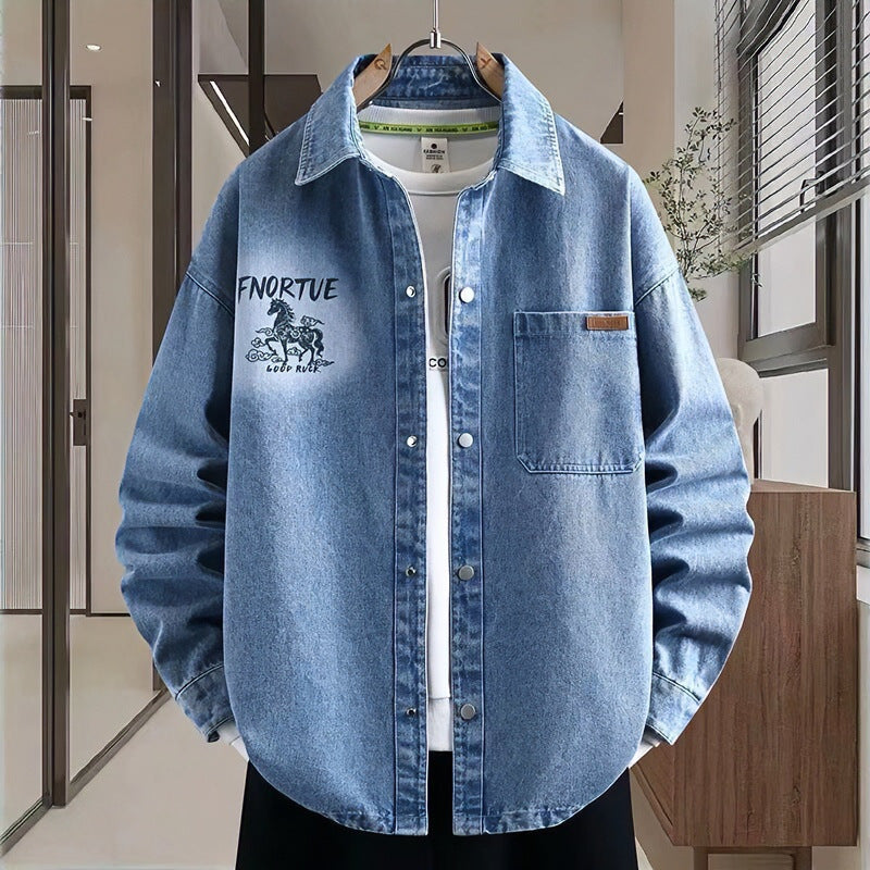 Men's loosely cut denim shirt jacket with artistic back print and overshirt cut Mune Fashion