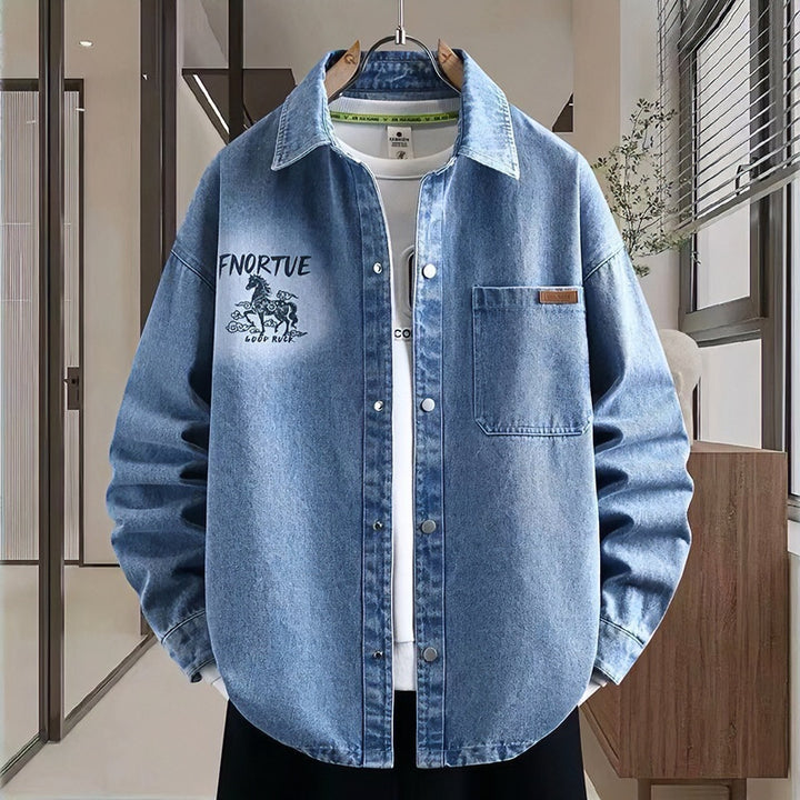 Men's loosely cut denim shirt jacket with artistic back print and overshirt cut Mune Fashion