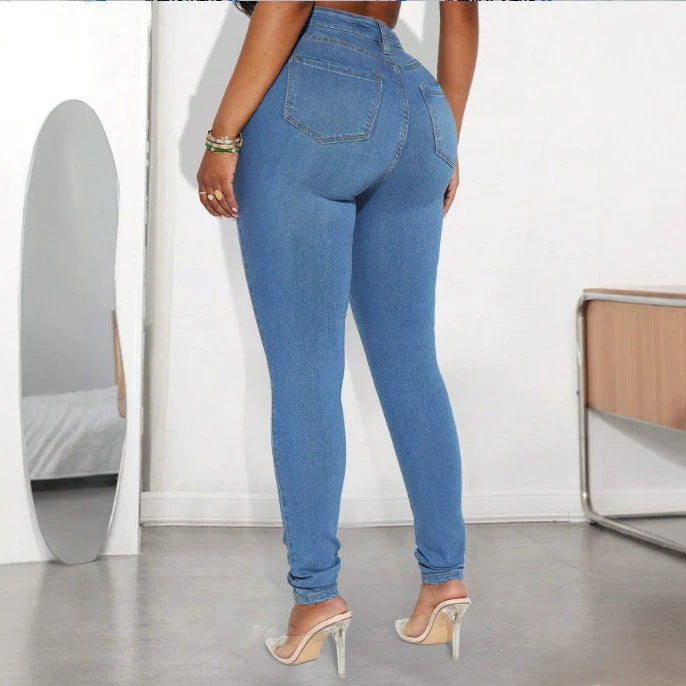 Women's High-Waisted Shaping Skinny Jeans with Pearl Blossom Application Mune Fashion