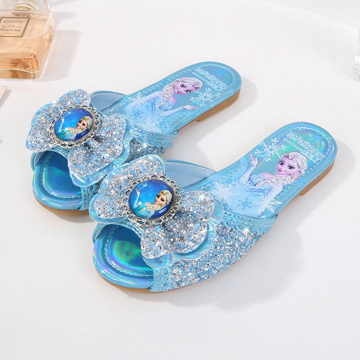 Girl Glittering Slippers with Flower Application Mune Fashion