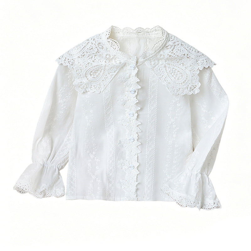 Girls elegant blouse with ruffled collar and lace accents Mune Fashion