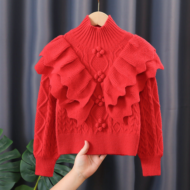 Women's Knit Sweater with Ruffles and Cable Pattern Mune Fashion