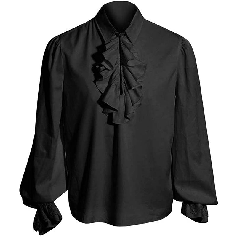 Men's elegant baroque ruffle shirt with stand-up collar, frilled chest, and lace cuffs Mune Fashion