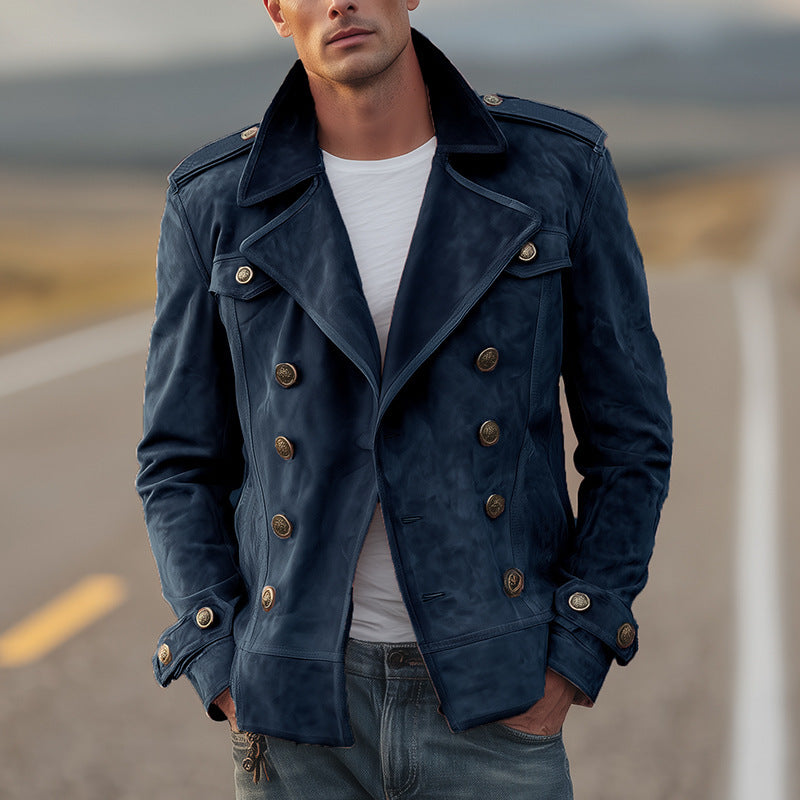 Men's Double-Breasted Suede Jacket in Aviator Style with Epaulettes Mune Fashion